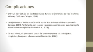 Complicaciones
• Entre un 90 y 95% de los afectados muere durante el primer año de vida (Bustillos-
Villalta y Quiñones-Campos, 2014).
• La supervivencia media se sitúa entre 2,5-70 días (Bustillos-Villalta y Quiñones-
Campos, 2014). Por lo tanto, son escasos y excepcionales los casos que alcanzan la
etapa adolescente (Simón-Bautista et al., 2008).
• De esta forma, las principales causas de fallecimiento son las cardiopatías
congénitas, las apneas y la neumonía (Pérez Aytés, 2000).
 