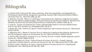 Bibliografía
• 1. Gardner RJM, Sutherland GR. Down syndrome, other full aneuploidies and polyploidy (En:
Chromosome abnormalities and genetic counselling. Gardner RJM, Sutherland GR eds.) Oxford
university Press Inc., New York 1996, pp 252
• 2. Martínez-Frías ML. Tabla 3.17: Síndromes cromosómicos (En: Defectos congénitos en España:
Diez años de vigilancia epidemiológica. Dirección General de planificación Sanitaria, Ministerio de
Sanidad y Consumo ed.) Secretaría General Técnica, Publicaciones, Madrid 1989, pp. 41
• 3. Jones KL. Trisomy 18 syndrome (En "Smith´s Recognizable Patterns of Human Malformation.
Jones KL ed.) W.B. Saunders Co, Philadelphia1997, pp 16-17
• 4. Hodes ME, Cole J, Palmer CG, Reed T. Clinical experience with trisomies 18 and 13. J Med Genet
1978;15:48-60
• 5. Boghosian-Sell L, Mewar R, Harrison W, et al. Molecular mapping of the Edwards syndrome to
two noncontiguous regions on chromosome 18. Am J Med Hum Genet 1994;55:476-83
• 6. Marion RW, Chitayat D, Hutcheon G, et al. Trisomy 18 score: A rapid, reliable diagnostic test for
trisomy 18. J Pediatr 1988;113:45-8
• 7. Baty B, Blackburn B, Carey J. Natural history of trisomy 18 and 13: I. Growth, physical
assessment, medical histories, survival and recurrence risk. Am J Med Genet 49:175-188, 1994
• 8. Baty B, Jorde L, Blackburn B, Carey J. Natural history of trisomy 18 and 13: II. Psychomotor
development. Am J Med Genet 49:189-194, 1994.
 