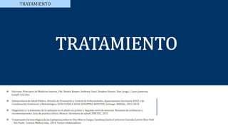 TRATAMIENTO
 Harrison. Principios de Medicina Interna, 19e. Dennis Kasper, Anthony Fauci, Stephen Hauser, Dan Longo, J. Larry Jameson,
Joseph Loscalzo
 Subsecretaría de Salud Pública, división de Prevención y Control de Enfermedades, departamento Secretaría AUGE y de
Coordinación Evidencial y Metodológica, GUÍA CLÍNICA AUGE EPILEPSIA ADULTOS, Santiago: MINSAL, 2013-2014
 Diagnostico y tratamiento de la epilepsia en el adulto en primer y Segundo nivel de atencion. Resumen de evidencias y
recomendaciones: Guia de practica clinica. Mexico: Secretaria de salud CENETEC, 2015
 Tratamiento Farmacológico de las Epilepsias/editoras Elza Márcia Targas Yacubian/Guilca Contreras-Caicedo/Loreto Ríos-Pohl
– São Paulo : Leitura Médica Ltda., 2014. Varios colaboradores
 