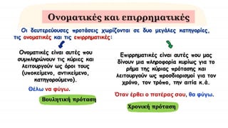 Ονοματικές και επιρρηματικές
Οι δευτερεύουσες προτάσεις χωρίζονται σε δυο μεγάλες κατηγορίες,
τις ονοματικές και τις επιρρηματικές:
Όταν έρθει ο πατέρας σου, θα φύγω.
Ονοματικές είναι αυτές που
συμπληρώνουν τις κύριες και
λειτουργούν ως όροι τους
(υποκείμενο, αντικείμενο,
κατηγορούμενο).
Επιρρηματικές είναι αυτές που μας
δίνουν μια πληροφορία κυρίως για το
ρήμα της κύριας πρότασης και
λειτουργούν ως προσδιορισμοί για τον
χρόνο, τον τρόπο, την αιτία κ.ά.
Θέλω να φύγω.
Χρονική πρόταση
Βουλητική πρόταση
 