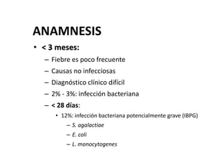 ANAMNESIS
• < 3 meses:
– Fiebre es poco frecuente
– Causas no infecciosas
– Diagnóstico clínico difícil
– 2% - 3%: infección bacteriana
– < 28 días:
• 12%: infección bacteriana potencialmente grave (IBPG)
– S. agalactiae
– E. coli
– L. monocytogenes
 