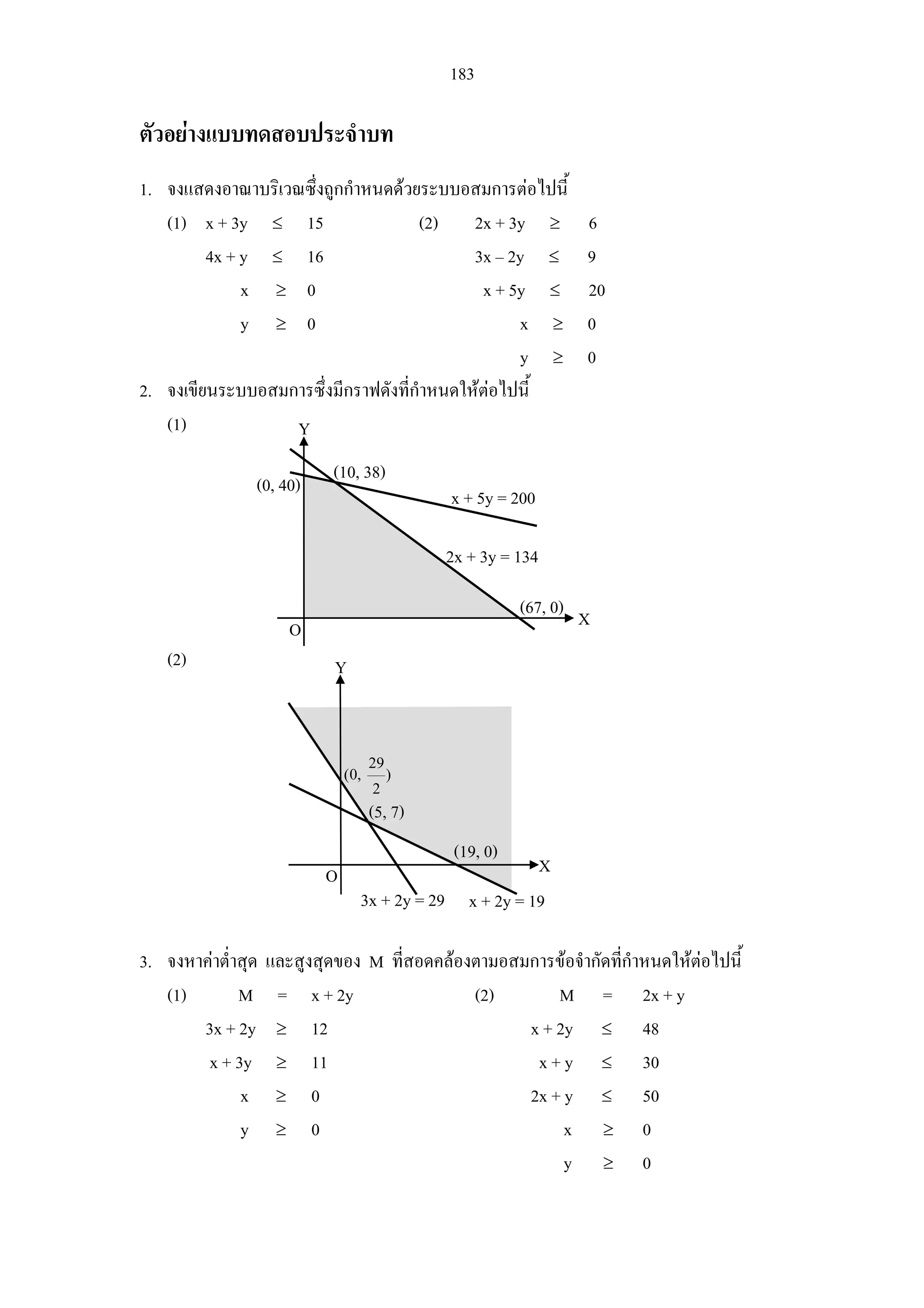 183
ตัวอยางแบบทดสอบประจําบท
1. จงแสดงอาณาบริเวณซึ่งถูกกําหนดดวยระบบอสมการตอไปนี้
(1) x + 3y ≤ 15 (2) 2x + 3y ≥ 6
4x + y ≤ 16 3x – 2y ≤ 9
x ≥ 0 x + 5y ≤ 20
y ≥ 0 x ≥ 0
y ≥ 0
2. จงเขียนระบบอสมการซึ่งมีกราฟดังที่กําหนดใหตอไปนี้
(1)
(2)
3. จงหาคาต่ําสุด และสูงสุดของ M ที่สอดคลองตามอสมการขอจํากัดที่กําหนดใหตอไปนี้
(1) M = x + 2y (2) M = 2x + y
3x + 2y ≥ 12 x + 2y ≤ 48
x + 3y ≥ 11 x + y ≤ 30
x ≥ 0 2x + y ≤ 50
y ≥ 0 x ≥ 0
y ≥ 0
Y
X
(10, 38)
x + 5y = 200
2x + 3y = 134
(0, 40)
(67, 0)
O
x + 2y = 193x + 2y = 29
(19, 0)
(5, 7)
29
(0, )
2
Y
XO
 