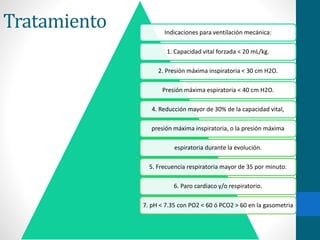 Tratamiento 
Indicaciones para ventilación mecánica: 
1. Capacidad vital forzada < 20 mL/kg. 
2. Presión máxima inspiratoria < 30 cm H2O. 
Presión máxima espiratoria < 40 cm H2O. 
4. Reducción mayor de 30% de la capacidad vital, 
presión máxima inspiratoria, o la presión máxima 
espiratoria durante la evolución. 
5. Frecuencia respiratoria mayor de 35 por minuto. 
6. Paro cardiaco y/o respiratorio. 
7. pH < 7.35 con PO2 < 60 ó PCO2 > 60 en la gasometria 
 