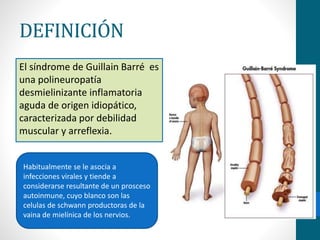 DEFINICIÓN 
El síndrome de Guillain Barré es 
una polineuropatía 
desmielinizante inflamatoria 
aguda de origen idiopático, 
caracterizada por debilidad 
muscular y arreflexia. 
Habitualmente se le asocia a 
infecciones virales y tiende a 
considerarse resultante de un prosceso 
autoinmune, cuyo blanco son las 
celulas de schwann productoras de la 
vaina de mielínica de los nervios. 
 