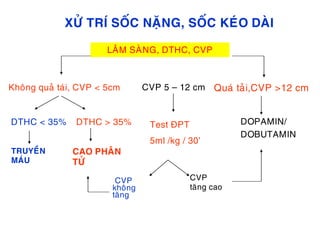 XÖÛ TRÍ SOÁC NAËNG, SOÁC KEÙO DAØI
LAÂM SAØNG, DTHC, CVP
Khoâng quaû taùi, CVP < 5cm Quaù taûi,CVP >12 cm
DTHC < 35% DTHC > 35%
TRUYEÀN
MAÙU
CAO PHAÂN
TÖÛ
CVP 5 – 12 cm
Test ÑPT
5ml /kg / 30’
DOPAMIN/
DOBUTAMIN
CVP
khoâng
taêng
CVP
taêng cao
 