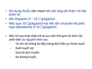 • Söû duïng thuoác vaän maïch khi soác khg caûi thieän vôùi ñaïi
phaân töû,
• lieàu Dopamin 5 - 10 g/kg/phuùt.
• Neáu quaù 10 g/kg/phuùt maø HA vaãn chöa leân thì phoái
hôïp dobutamine 5-10 g/kg/phuùt.
• Nếu HA kẹp hoặc thấp trở lại sau một thời gian ổn định cần
phân biệt các nguyên nhân sau:
- Tái sốc do không bù đắp lượng dịch tiếp tục thoát mạch
- Xuất huyết nội
- Quá tải dịch truyền
- Hạ đường huyết.
 