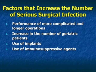 Factors that Increase the Number of Serious Surgical Infection Performance of more complicated and longer operations Increase in the number of geriatric patients Use of implants Use of immunosuppressive agents 