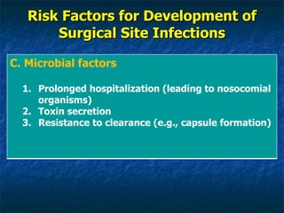 Risk Factors for Development of Surgical Site Infections C. Microbial factors Prolonged hospitalization (leading to nosocomial organisms)   Toxin secretion   Resistance to clearance (e.g., capsule formation) 
