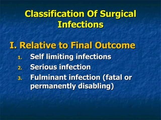 Classification Of Surgical Infections I. Relative to Final Outcome Self limiting infections  Serious infection Fulminant infection (fatal or permanently disabling) 