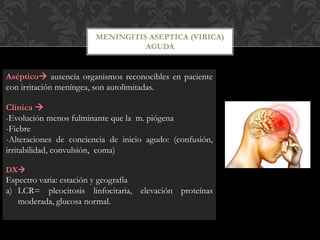 MENINGITIS ASEPTICA (VIRICA)
AGUDA
Aséptico ausencia organismos reconocibles en paciente
con irritación meníngea, son autolimitadas.
Clínica 
-Evolución menos fulminante que la m. piógena
-Fiebre
-Alteraciones de conciencia de inicio agudo: (confusión,
irritabilidad, convulsión, coma)
DX
Espectro varia: estación y geografía
a) LCR= pleocitosis linfocitaria, elevación proteínas
moderada, glucosa normal.
 