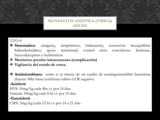 MENINGITIS ASEPTICA (VIRICA)
AGUDA
TTO
 Sintomático: analgesia, antipiréticos, hidratación, corrección desequilibrio
hidroelectrolítico, apoyo nutricional, control crisis convulsivas: fenitoina,
benzodiacepinas o barbitúricos.
 Monitoreo presión intracraneana (complicación)
 Vigilancia del estado de coma.
 Antimicrobiano: como si se tratase de un cuadro de meningoencefalitis bacteriana
durante 48hr hasta confirmar cultivo LCR negativo.
-Aciclovir
HVS: 10mg/kg cada 8hr i.v por 14 días.
Varicela: 10mg/kg cada 8 hr i.v por 10 días
-Ganciclovir
CMV: 5mg/kg/cada 12 hr i.v por 14 a 21 días
 