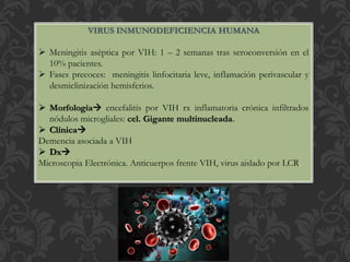 VIRUS INMUNODEFICIENCIA HUMANA
 Meningitis aséptica por VIH: 1 – 2 semanas tras seroconversión en el
10% pacientes.
 Fases precoces: meningitis linfocitaria leve, inflamación perivascular y
desmielinización hemisferios.
 Morfología encefalitis por VIH rx inflamatoria crónica infiltrados
nódulos microgliales: cel. Gigante multinucleada.
 Clínica
Demencia asociada a VIH
 Dx
Microscopia Electrónica. Anticuerpos frente VIH, virus aislado por LCR.
 