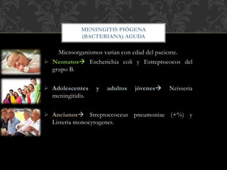 Microorganismos varían con edad del paciente.
 Neonatos Escherichia coli y Estreptococos del
grupo B.
 Adolescentes y adultos jóvenes Neisseria
meningitidis.
 Ancianos Streptoccoccus pneumoniae (+%) y
Listeria monocytogenes.
MENINGITIS PIÓGENA
(BACTERIANA) AGUDA
 