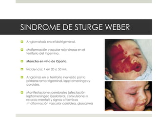 SINDROME DE STURGE WEBER
 Angiomatosis encefalotrigeminal.
 Malformación vascular roja vinosa en el
territorio del trigemino.
 Mancha en vino de Oporto.
 Incidencia: 1 en 20 a 50 mil.
 Angiomas en el territorio inervado por la
primera rama trigeminal, lepptomeninges y
coroides.
 Manifestaciones cerebrales (afectación
leptomeníngea ipsolateral, convulsiones y
retardo mental) y signos oftalmicos
(malformación vascular coroidea, glaucoma
 