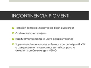 INCONTINENCIA PIGMENTI
 También llamado síndrome de Bloch-Sulzberger
 Casi exclusivo en mujeres.
 Habitualmente mortal in útero para los varones
 Supervivencia de varones enfermos con cariotipo 47 XXY
o que poseen un mosaicismos somáticos para la
deleción común en el gen NEMO
 
