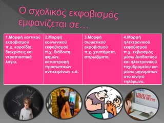 1.Μορφή λεκτικού
εκφοβισμού
π.χ. κοροϊδία,
διακρίσεις και
ντροπιαστικά
λόγια.
2.Μορφή
κοινωνικού
εκφοβισμού
π.χ. διάδοση
φημών,
καταστροφή
προσωπικών
αντικειμένων κ.ά.
3.Μορφή
σωματικού
εκφοβισμού
π.χ. χτυπήματα,
σπρωξίματα.
4.Μορφή
ηλεκτρονικού
εκφοβισμού
π.χ. εκβιασμός
μέσω Διαδικτύου
και ηλεκτρονικού
ταχυδρομείου και
μέσω μηνυμάτων
στο κινητό
τηλέφωνο.
 