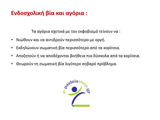 Ενδοσχολική βία και αγόρια :
Tα αγόρια σχετικά με τον εκφοβισμό τείνουν να :
• Νιώθουν και να αντιδρούν περισσότερο με οργή.
• Εκδηλώνουν σωματική βία περισσότερο από τα κορίτσια.
• Αποζητούν ή να αποδέχονται βοήθεια πιο δύσκολα από τα κορίτσια.
• Θεωρούν τη σωματική βία λιγότερο σοβαρό πρόβλημα.
 