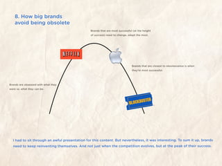 8. How big brands
    avoid being obsolete
                                                Brands that are most successful (at the height
                                                of success) need to change, adapt the most.




                                                                               Brands that are closest to obsolescence is when
                                                                               they’re most successful.




Brands are obsessed with what they
were vs. what they can be.




  I had to sit through an awful presentation for this content. But nevertheless, it was interesting. To sum it up, brands
  need to keep reinventing themselves. And not just when the competition evolves, but at the peak of their success.
 