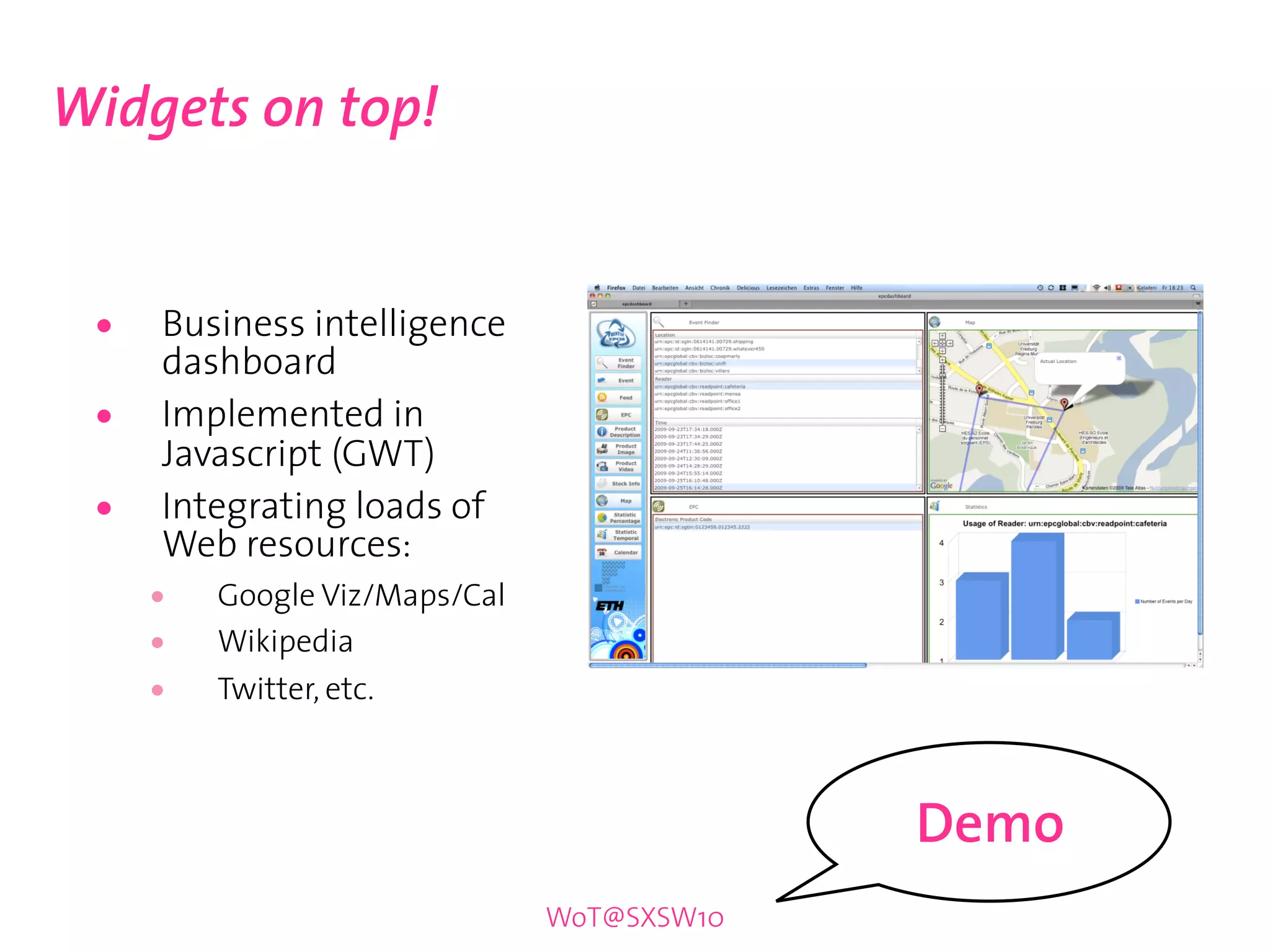Widgets on top!


 •   Business intelligence
     dashboard
 •   Implemented in
     Javascript (GWT)
 •   Integrating loads of
     Web resources:
     •   Google Viz/Maps/Cal
     •   Wikipedia
     •   Twitter, etc.



                                            Demo
                               WoT@SXSW10
 
