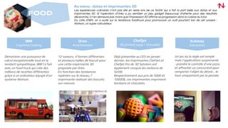 FOOD
IBM
Cognitive Cooking
Au menu : datas et imprimantes 3D
Les expériences culinaires n’ont pas été en reste lors de ce SxSW qui a fait la part belle aux datas et aux
imprimantes 3D. Si l’opération d’Oréo a pu sembler un peu gadget (beaucoup d’attente pour des résultats
décevants), il n’en demeure pas moins que l’impression 3D affirme sa progression dans la cuisine du futur.
Du côté d’IBM, on a surfé sur la tendance foodtruck pour promouvoir un outil pourtant loin de cet univers :
Watson, un super calculateur.
Chefjet
3D printed sugar / chocolate
Oreo
#eatthetweet
Démontrer une puissance de
calcul exceptionnelle tout en la
rendant sympathique, IBM l’a fait
avec un food truck qui crée des
millions de recettes différentes
grâce à un ordinateur équipé d’un
système Watson.
12 saveurs, 4 formes différentes
et plusieurs tailles de biscuit pour
une cette impirmante 3D
proposée par Oréo.
En fonction des tendances
repérées sur le réseau, l’
imprimante réalisait des biscuits
sur-mesure.
Déjà présentée au CES en janvier
dernier, les imprimantes ChefJet et
Chefjet Pro de 3D Sytstem ont
également conquis les visiteurs de
SxSW.
Respectivement aux prix de 5000 et
10000$, ces imprimantes impriment
bonbons et chocolats.
Subway
Eatovation
Un jeu où la règle est simple
mais l’applicationi surprenante
: prendre le contrôle d’une pizza
et affronter un concurrent pour
remporter l’objet du désire… le
tout uniquement par la pensée.
 