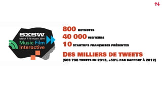 800 keynotes
40 000 visiteurs
10 startups françaises présentes
Des milliers de tweets
(503 798 tweets en 2013, +60% par rapport à 2012)
 