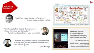 “Internet est passé du côté de la société civile.
L’occupation par des militaires de cet espace
civil est très grave”
Julian Assange
“Les emoji sont des
pictogrammes très
classiques qui rappellent
les peintures rupestres”
Sam Hutson (Jumptank)
Keynote : “Emoji & texting: is human
language extinct?”
avec Ben Zimmer (vocabulary.com)
“Tools have taken the place of strategy”
Kristina Halvorson (Brain Traffic)
“Les écureuils font plus de dommages au
réseau électrique que les hackers”
Peter Singer (spécialiste en cyber criminalité)
JOUR 2
Samedi 8 mars
 