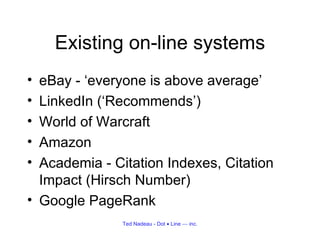 Existing on-line systems <ul><li>eBay - ‘everyone is above average’ </li></ul><ul><li>LinkedIn (‘Recommends’) </li></ul><u...
