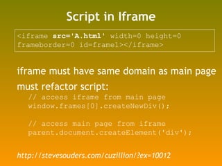 Script in Iframe <iframe  src='A.html'  width=0 height=0  frameborder=0 id=frame1></iframe>  <ul><li>iframe must have same...