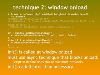 technique 2: window onload <ul><li><iframe src=&quot;menu.php&quot; width=0 height=0 frameborder=0> </iframe> </li></ul><u...