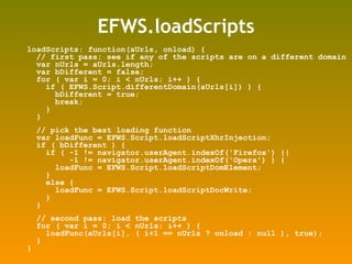 EFWS.loadScripts <ul><li>loadScripts: function(aUrls, onload) { </li></ul><ul><li>// first pass: see if any of the scripts...