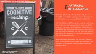 THE COLLECTIVE / HAVAS MEDIA +
CAKE
SXSW 10 TRENDS IN 2015
PLACE PHOTO HERE
6
When big data meets with hyper-connectivity and
incredibly powerful processing, we’re on the verge of
something new and amazing: artiﬁcial intelligence.
From Chef Watson, IBM’s cognitive cooking machine, to
Bina48, Martine Rothblatt’s android-robot-wife, SXSW
became a microcosm of what a future AI-fueled world
would look like. We’ve been talking about robots taking
over the world for years but this year the threat seemed
real enough for protestors to march with painted signs
and poorly worded chants.
We subsequently discovered that this was a publicity
stunt, but the attention the protests got still reﬂects the
degree to which artiﬁcial intelligence became a core
theme at SXSW.
ARTIFICIAL
INTELLIGENCE
THE COLLECTIVE / HAVAS MEDIA +
CAKE / HAVAS WORLDWIDE
IBM’s Chef Watson, don’t blame the chef or he’ll electrocute you.
 
