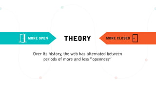 THEORYMORE OPEN MORE CLOSED
Over its history, the web has alternated between
periods of more and less “openness”
 