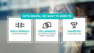 CHAMPION
a more open web
COLLABORATE  
with different thinkers,
leaders and coders
BUILD BRIDGES  
across technologies
WITH DRUPAL,WE WANT TO WORK TO
 