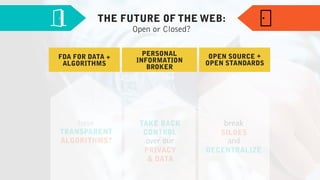 OPEN SOURCE +
OPEN STANDARDS
PERSONAL
INFORMATION
BROKER
FDA FOR DATA +
ALGORITHMS
THE FUTURE OF THE WEB: 
Open or Closed?
over our
TAKE BACK
CONTROL
PRIVACY  
& DATA
break 
 
and
SILOES
DECENTRALIZE
have
TRANSPARENT
ALGORITHMS?
 