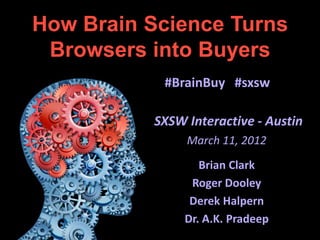 How Brain Science Turns
 Browsers into Buyers
           #BrainBuy #sxsw

          SXSW Interactive - Austin
               March 11, 2012
                  Brian Clark
                Roger Dooley
                Derek Halpern
               Dr. A.K. Pradeep
 