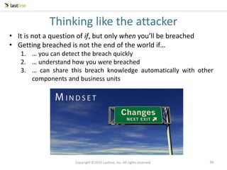 Copyright ©2015 Lastline, Inc. All rights reserved.
• It is not a question of if, but only when you’ll be breached
• Getting breached is not the end of the world if…
1. … you can detect the breach quickly
2. … understand how you were breached
3. … can share this breach knowledge automatically with other
components and business units
Thinking like the attacker
39
 