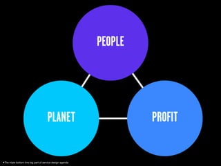 PEOPLE




                                      PLANET                         PROFIT


•The triple bottom line big part of service design agenda
 