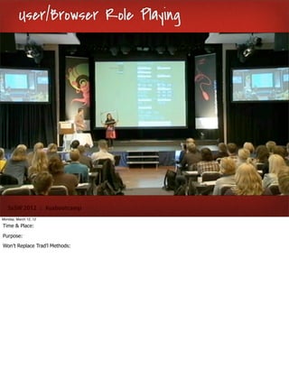 User/Browser Role Playing




   SxSW 2012 : #uxbootcamp
Monday, March 12, 12

Time & Place:

Purpose:
Won’t Replace Trad’l Methods:
 