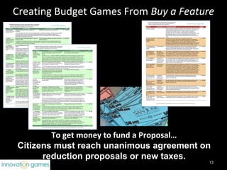 Creating Budget Games From Buy a Feature




                         To get money to fund a Proposal…
    Citizens must r...