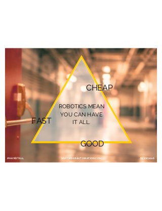 FAST
SOFTWEARAUTOMATION.COM
GOOD
CHEAP
ROBOTICS MEAN
YOU CAN HAVE
IT ALL.
SXSW2016#HAVEITALL
 