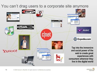 You can’t drag users to a corporate site anymore © 2008 Avenue A | Razorfish. All rights reserved. Confidential and proprietary. Tap  into the immersive and social power of the web to create great experiences with consumers wherever they live in the digital world Page 7 