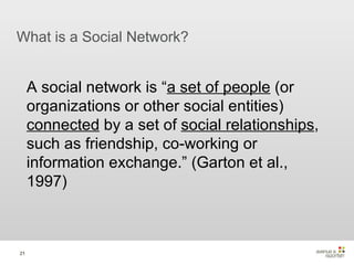 What is a Social Network? A social network is “ a set of people  (or organizations or other social entities)  connected  by a set of  social relationships , such as friendship, co-working or information exchange.” (Garton et al., 1997) 