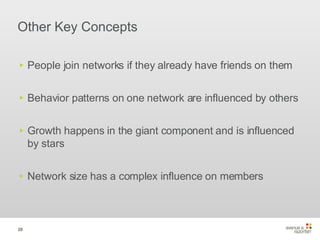 Other Key Concepts People join networks if they already have friends on them Behavior patterns on one network are influenced by others Growth happens in the giant component and is influenced by stars Network size has a complex influence on members 