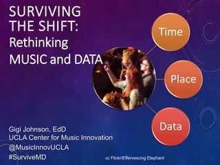 Time
Place
Data
SURVIVING
THE SHIFT:
1
Rethinking
MUSIC and DATA
Gigi Johnson, EdD
UCLA Center for Music Innovation
@MusicInnovUCLA
#SurviveMD cc Flickr/Effervescing Elephant
 