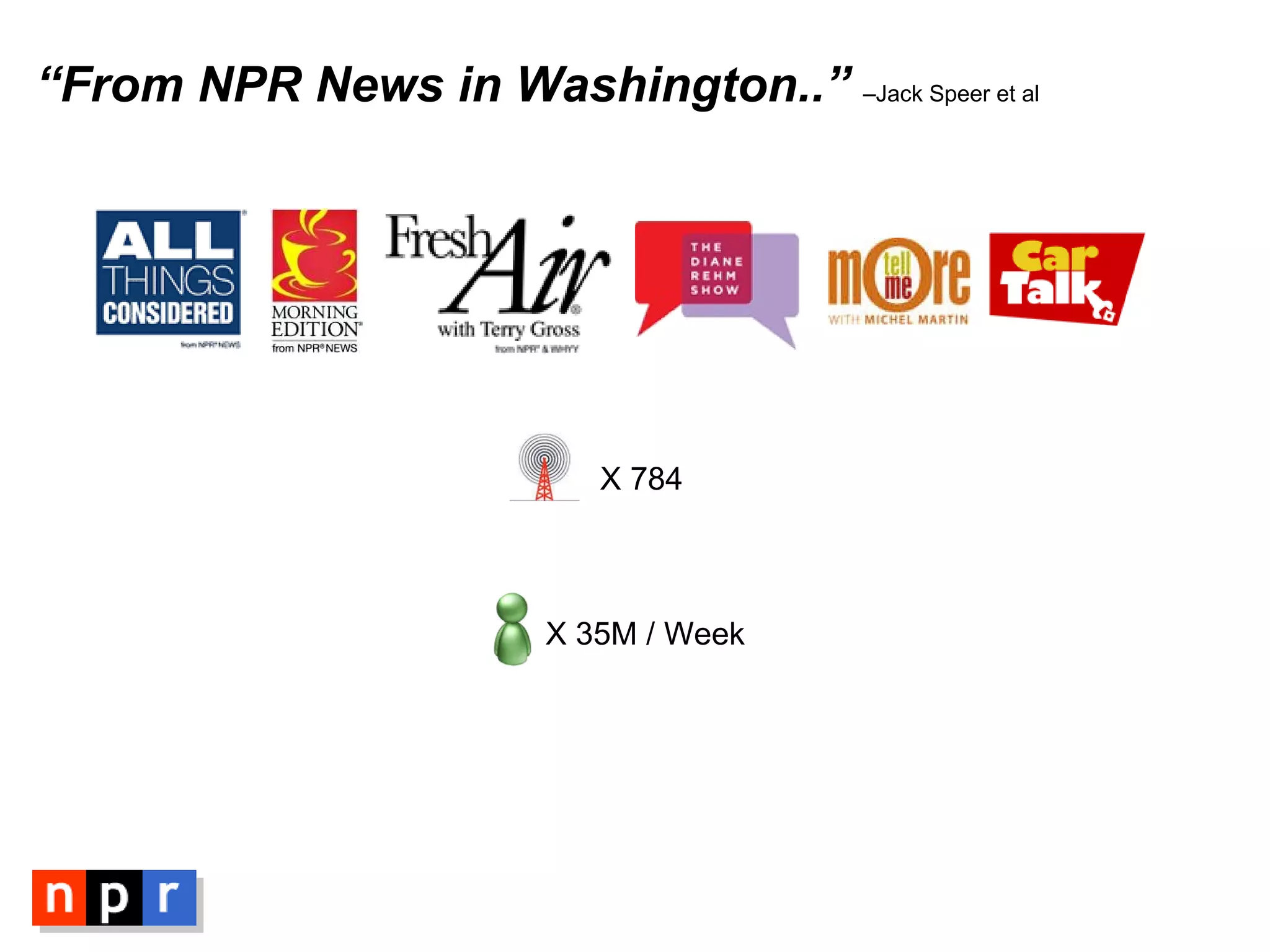 “ From NPR News in Washington..”  –Jack Speer et al X 35M / Week X 784 