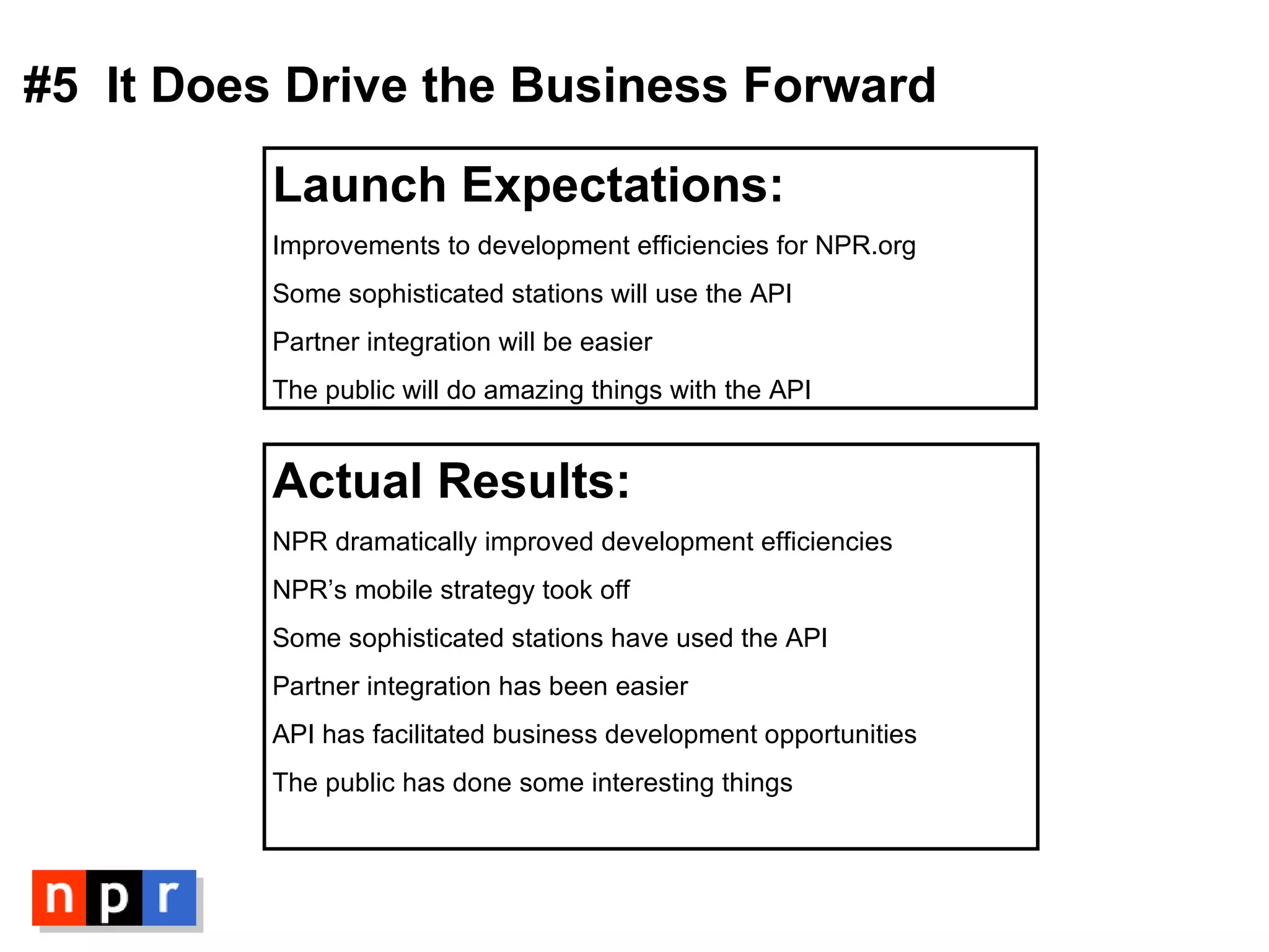 #5  It Does Drive the Business Forward Launch Expectations: Improvements to development efficiencies for NPR.org Some sophisticated stations will use the API Partner integration will be easier The public will do amazing things with the API Actual Results: NPR dramatically improved development efficiencies NPR’s mobile strategy took off Some sophisticated stations have used  the API Partner integration has been easier API has facilitated business development opportunities The public has done some interesting things 