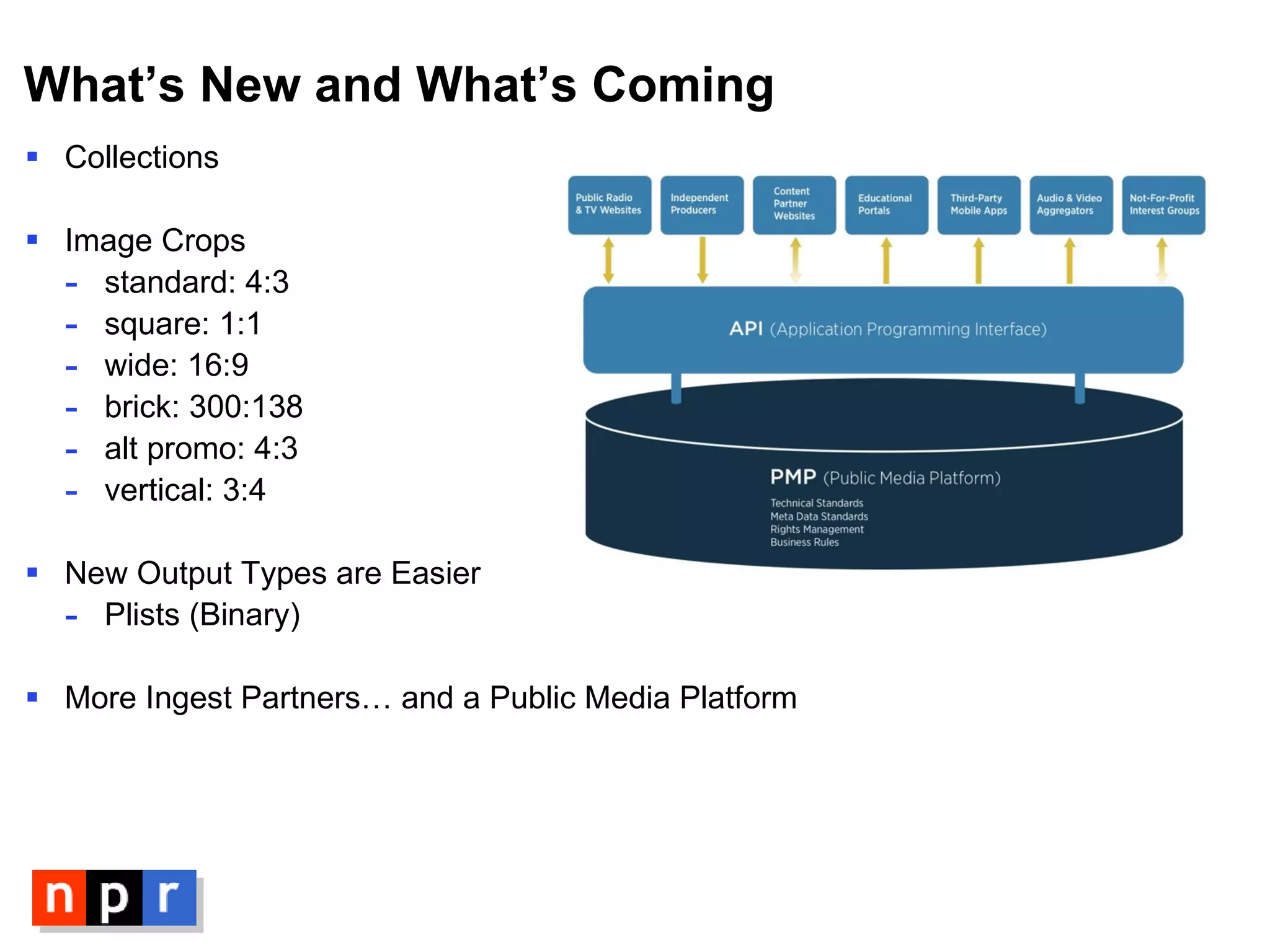 What’s New and What’s Coming Collections Image Crops standard: 4:3 square: 1:1 wide: 16:9 brick: 300:138 alt promo: 4:3 vertical: 3:4 New Output Types are Easier Plists (Binary) More Ingest Partners… and a Public Media Platform 