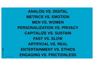 Presentationfrom
26.04.16 SXSW2016 7
ANALOG VS. DIGITAL
METRICS VS. EMOTION
MEN VS. WOMEN
PERSONALIZATION VS. PRIVACY
CAPITALIZE VS. SUSTAIN
FAST VS. SLOW
ARTIFICIAL VS. REAL
ENTERTAINMENT VS. ETHICS
ENGAGING VS. FRICTIONLESS
 