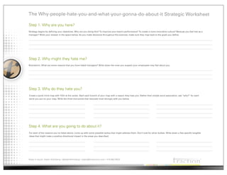 The Why-people-hate-you-and-what-your-gonna-do-about-it Strategic Worksheet

Step 1. Why are you here?
Strategy begins by defining your objectives. Why are you doing this? To improve your team’s performance? To create a more innovative culture? Because you feel lost as a
manager? Write your answer in the space below. As you make decisions throughout this exercise, make sure they map back to the goals you define.




Step 2. Why might they hate me?
Brainstorm. What are some reasons that you have hated managers? Write down the ones you suspect your employees may feel about you.




Step 3. Why do they hate you?
Create a quick mind map with YOU at the center. Start each branch of your map with a reason they hate you. Rather than simple word association, ask “why?” for each
word you put on your map. Write the three end points that resonate most strongly with you below.




Step 4. What are you going to do about it?
For each of the reasons you’ve listed above, come up with some possible tactics that might address them. Don’t look for silver bullets. Write down a few specific tangible
ideas that might make a positive directional impact in the areas you described.




Keep in touch: Adam Kleinberg • @adamkleinberg • adam@tractionco.com • 415.962.5823
 