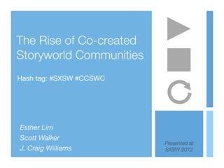 The Rise of Co-created
Storyworld Communities
Hash tag: #SXSW #CCSWC




Esther Lim
Scott Walker
                         Presented at
J. Craig Williams        SXSW 2012
 